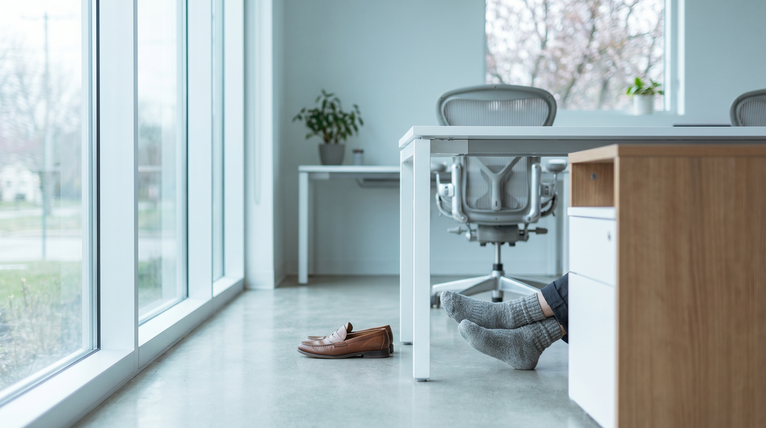 Socked feet, shoes slipped off, on the office floor by a sunny window — editorial photograph on cold feet and the spring office microclimate.